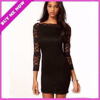 Black Lace Dress Long Sleeve on Lace Dress Slash Neck 3 4 Sleeve Sheath Dress Lady Evening Cocktail