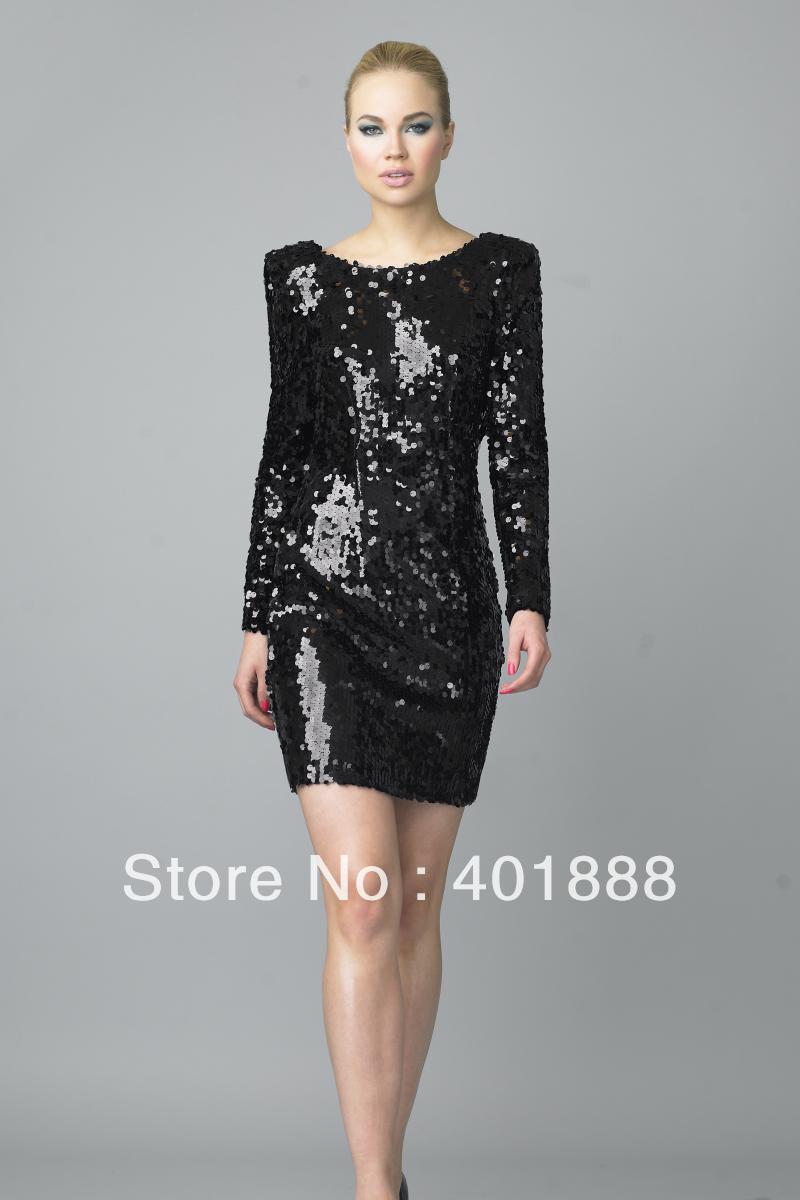 Long Sleeve Black Sequin Dress Elegant-round-neck-short-black ...