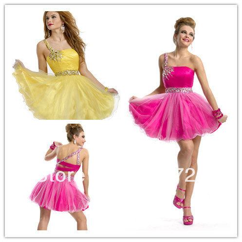  Shoulder Prom Dress on One Shoulder Beading A Line Mini Length Pink Short Prom Dresses