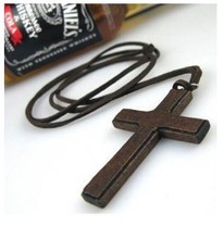 Free Shipping 24pcs/Lot New Arrivals Fashion Black Knitted Wool Rope Wood Cross Necklace Jewlery