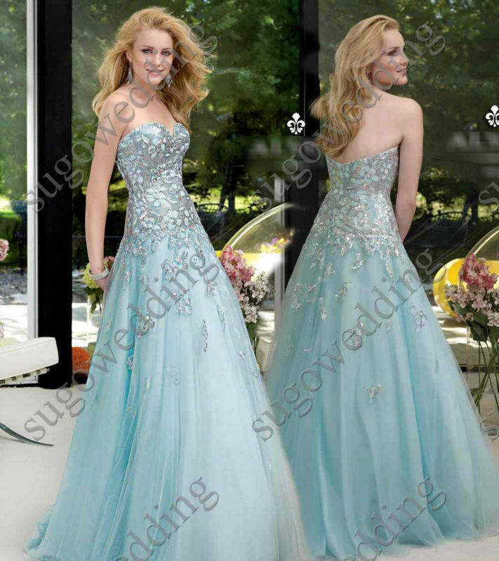 Elegant 2013 blue with silver sequins lace sweetheart A-line long evening gowns/dresses tulle with applique custom made(China (Mainland))