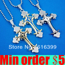 (Min order $5,can mix) 3 Colors Stainless Steel Double Cross Necklace With Chain Man Necklace Free Shipping(China (Mainland))