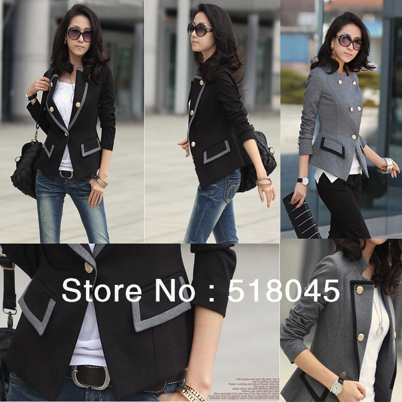 Fashion Women handsome Blazer Jacket Ladies Casual Suit Coat Outerwear Grey Black Color Size S/M/L for Women , Free Shipping(China (Mainland))
