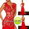 Hot Sale Long Chiffon Red Deep V-Neck Slit Sexy Backless Lace Prom Dresses 2013