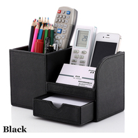 New wood+leather multi-function stationery desk organizer pen pencil holder storage box black brown A256