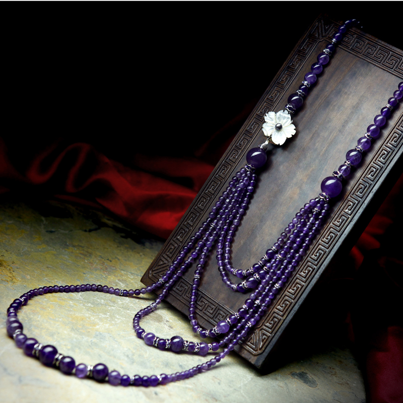 Necklace female long design multi-layer amethyst sallei flower original design handmade accessories(China (Mainland))