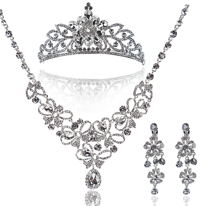  Min Order 15USD Mix Order The Bride Marriage Accessories Crown Necklace Earrings Sets Clear Rhinestones
