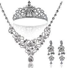 Free Shipping Min Order 15USD Mix Order The Bride Marriage Accessories Crown Necklace Earrings Sets Clear Rhinestones
