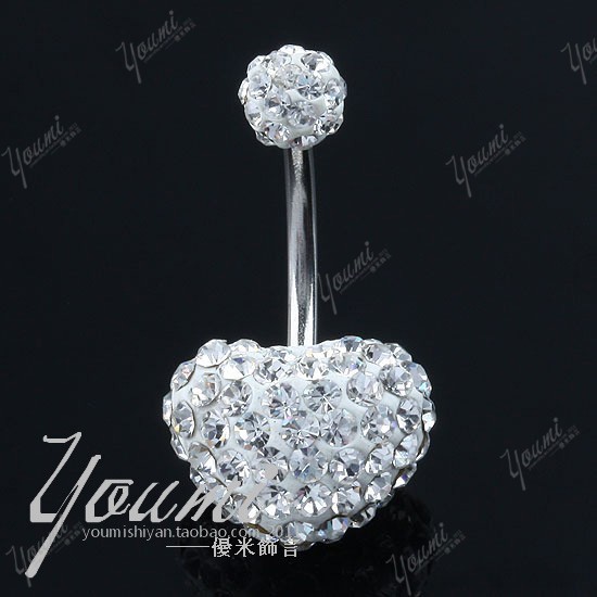 Umbilical ring full rhinestone umbilical nail stainless steel czech diamond heart navel ring heart stud earring(China (Mainland))