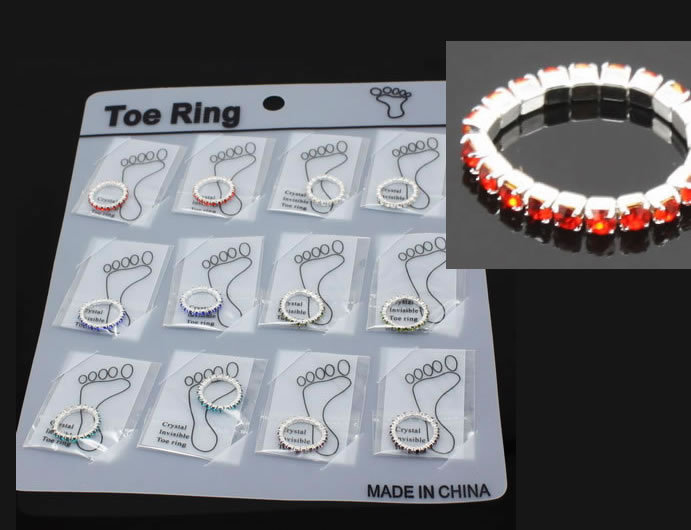 12pcs card packing single row cup chain rhinestone crystal stretch foot toe rings assorted colors mix