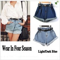 Freeshipping All Season Wear Denim Shorts 2013 Turn Up High Waist Shorts Loose Fit Plus Large Shorts Pants(XS-XL)