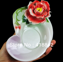 Porcelain Stunning Unique Lively Peony Lark Coffee Set 1Cup 1Flower Spoon 1Saucer