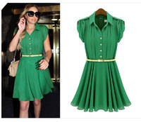 Fashion First Quality Women's Dress Summer Chiffon Clothes  2 Colors ladies Lapel lotus sleeve slim thin dress Free Shipping