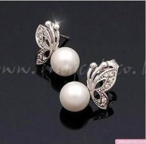 2014 Fashion Korean Jewelry Pearl Earrings Silver Plated Pearl Butterfly Earring For Women XY E45