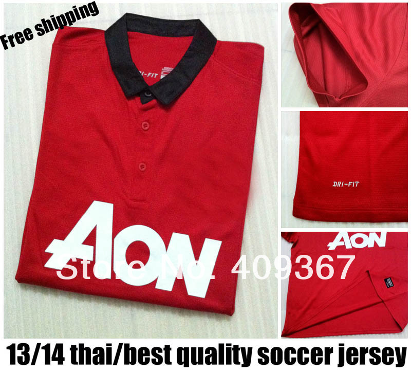 13-14 Man home red thai quality soccer jersey(only shirt) with embroidery logo,#10 ROONEY soccer jersey+ custom names&numbers(China (Mainland))