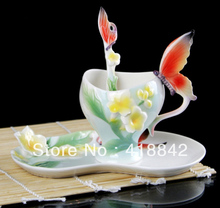 Butterfly Frangipani Porcelain Coffee Set 1Cup/1Saucer/1Spoon Weddings Gift Holiday Gift