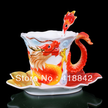 Surface-Raised Red Dragon Porcelain Coffee Set 1Cup/1Saucer/1Spoon