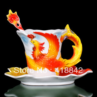 Red Fire Phoenix Porcelain Coffee Set Tea Set 1Cup 1Saucer 1Spoon Holiday Gift