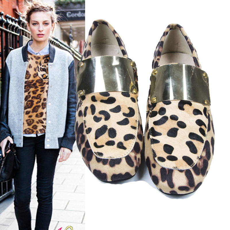 Wild fashion horsehair leopard print metal round toe british style casual shoes shoes low top women