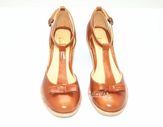 Fashion vintage full genuine leather cutout t belt pink paint leather sandals thick heel high heeled