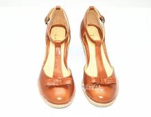 Fashion vintage full genuine leather cutout t belt pink paint leather sandals thick heel high-heeled bow shoes
