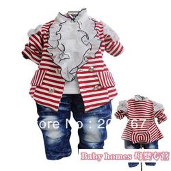 Red & Blue 2 Colors, Baby Girls Striped Cute Jacket + Lace Shirts+ Jeans 3pcs Suit, Girls Fashion Autumn Set, freeshipping(China (Mainland))