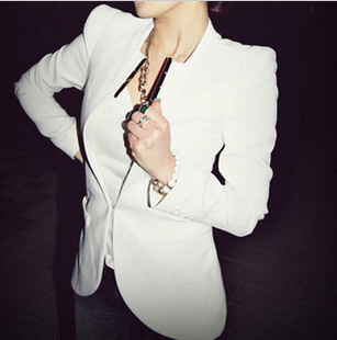 Fashion cat 2013 spring women's unique metal collar slim small suit jacket blazer blue white red black size S M Free Shipping(China (Mainland))