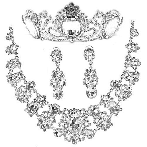 free shipping T088 bride big crystal crown necklace and earring 3pcs set sparkling hair accessory necklace