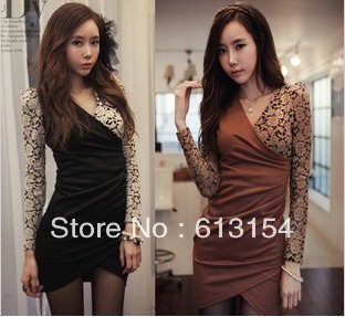 2013 new spring OL big size ladies' clubs sexy render long-sleeved Packet leopard lace skirt hip lace montage V-neck dress(China (Mainland))