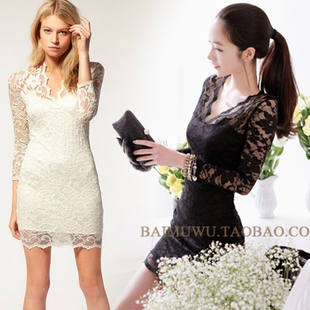 Black Lace Dress Long Sleeve on White Black Summer Long Sleeve Women Sexy Evening Dress Lace Dresses