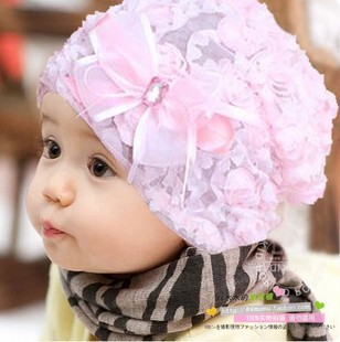 Free shipping Infant's and children's hat with lace flower spring and autumn princess hat head cap set new model baby hat(China (Mainland))