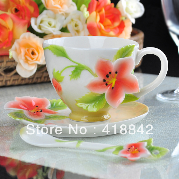 Porcelain Five Stars apple Flower Coffee Set Cup Saucer Spoon Plate Disk Dish Holiday Gift