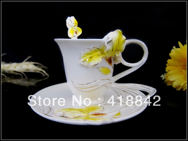 Porcelain Yellow Lady French Iris Flower Coffee Tea Set Cup Mug Spoon Saucer Disk Weddings gift