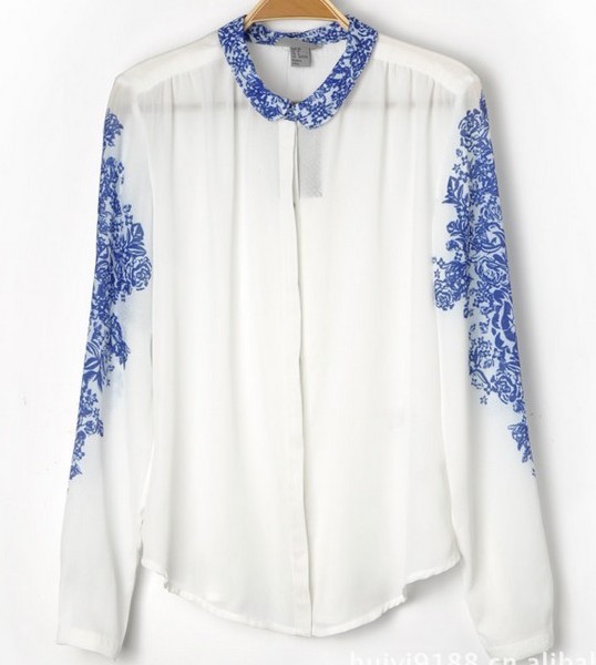 free shipping h*m Chinese style blue and white retro print chiffon shirt women's long-sleeved blouse zar* fresh pattren ST006(China (Mainland))