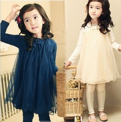 New 2013 Free Shipping 5 PCS/Lot Cotton chiffon dress with long sleeves pure color bowknot princess girl's dress GQ-086(China (Mainland))