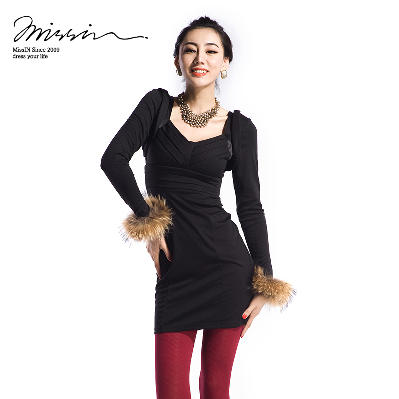 7 Brand 2013 Missin formal cute dress left bank 2013 comfortable black knitted long-sleeve cute dress slim elegant lady classic(China (Mainland))