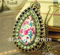 Wholesale - Moonlight Box Necklace Vintage Style Green Rhinestone Flower Faux Gem Dripping Necklace 12pcs/lot