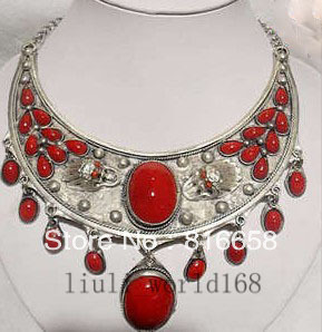 Free shipping pretty tibet silver inlay coral jewlery necklace