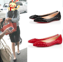 New Sexy Ladies Women Red Black Loafers Shoes Flat Spike Punk Studded Point Rivets Metal