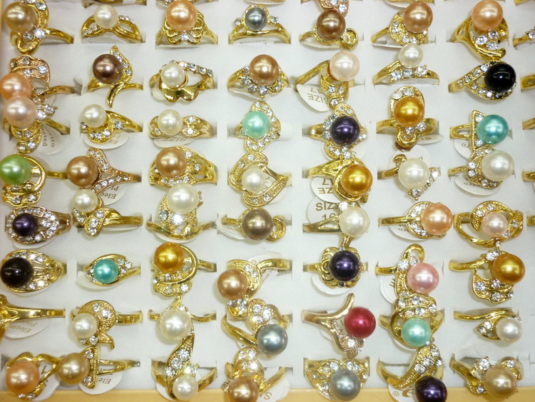 wholesale lots mixed 10PCS rhinestone vogue lady s Cute skillful created colorized pearl gold rings 6