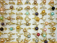 wholesale  lots mixed 50PCS rhinestone vogue women’s Imitate pearl gold colorful  rings