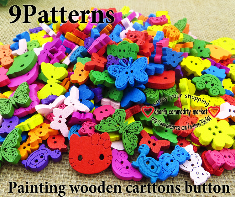 30%OFF Promotion 200pcs 9pattern mixed painting cartoon sewing buttons bulk wooden clothes button craft scrapbooking WCB-077