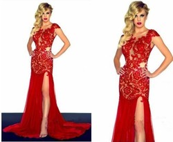  Sheath Dress on Lace Split Evening Gown Red Carpet Dress Long Wedding Dress Prom Dress