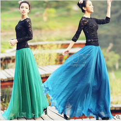 Free shiping 2013 spring and summer women high quality lace chiffon multicolor leisure long pleated double slit maxi skirts(China (Mainland))