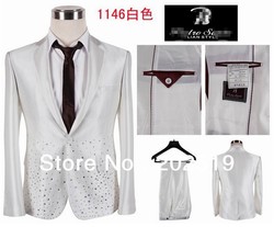 2013 High-grade Slim Fit Fashion Men Dress Suit Rhinestone White Tuxedo Wedding Suit For Men (coat+pants)(China (Mainland))