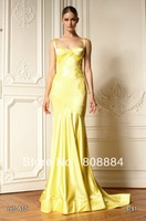 Free Shipping Zuhair Murad Custom Made Yellow Soft Satin Lace appliques With straps Mermaid Dress Evening Gown