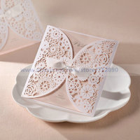 Free Shipping White Flower Cutout With Ribbon Wedding Invitation (Set of 50) Party Accessory Decoration Gifts Wedding Favors