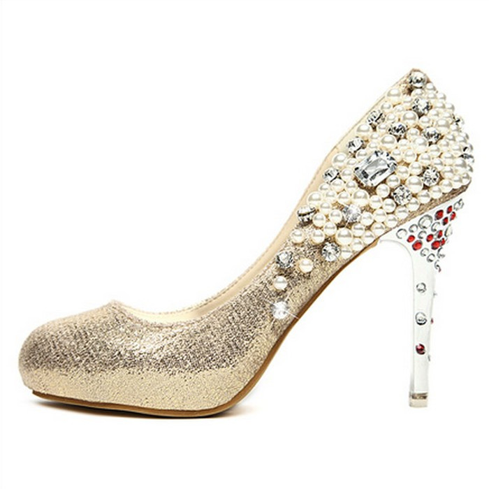 Free shipping Rhinestone wedding shoes, women's shoes light gold high-heeled party shoes pearl bridesmaid shoes waterproof shoes(China (Mainland))