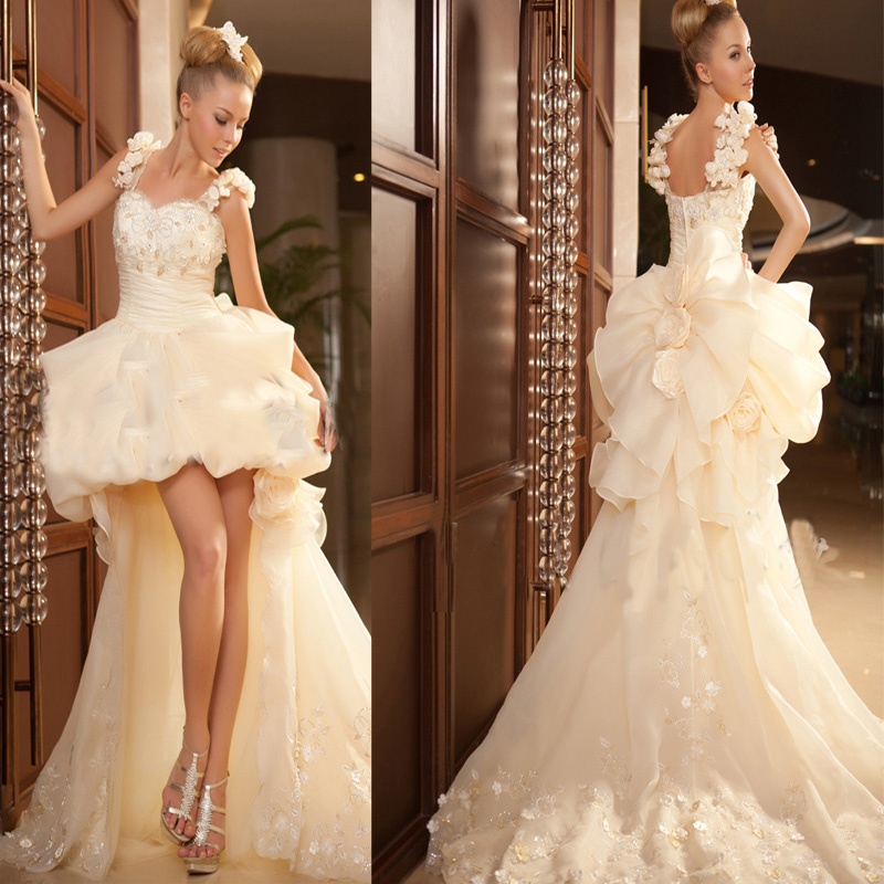 Ferrara fashion short front trailing with flower wedding dress low high train wedding dress bride new