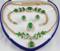 set emerald jade Necklace Bracelet Ring Earring+box